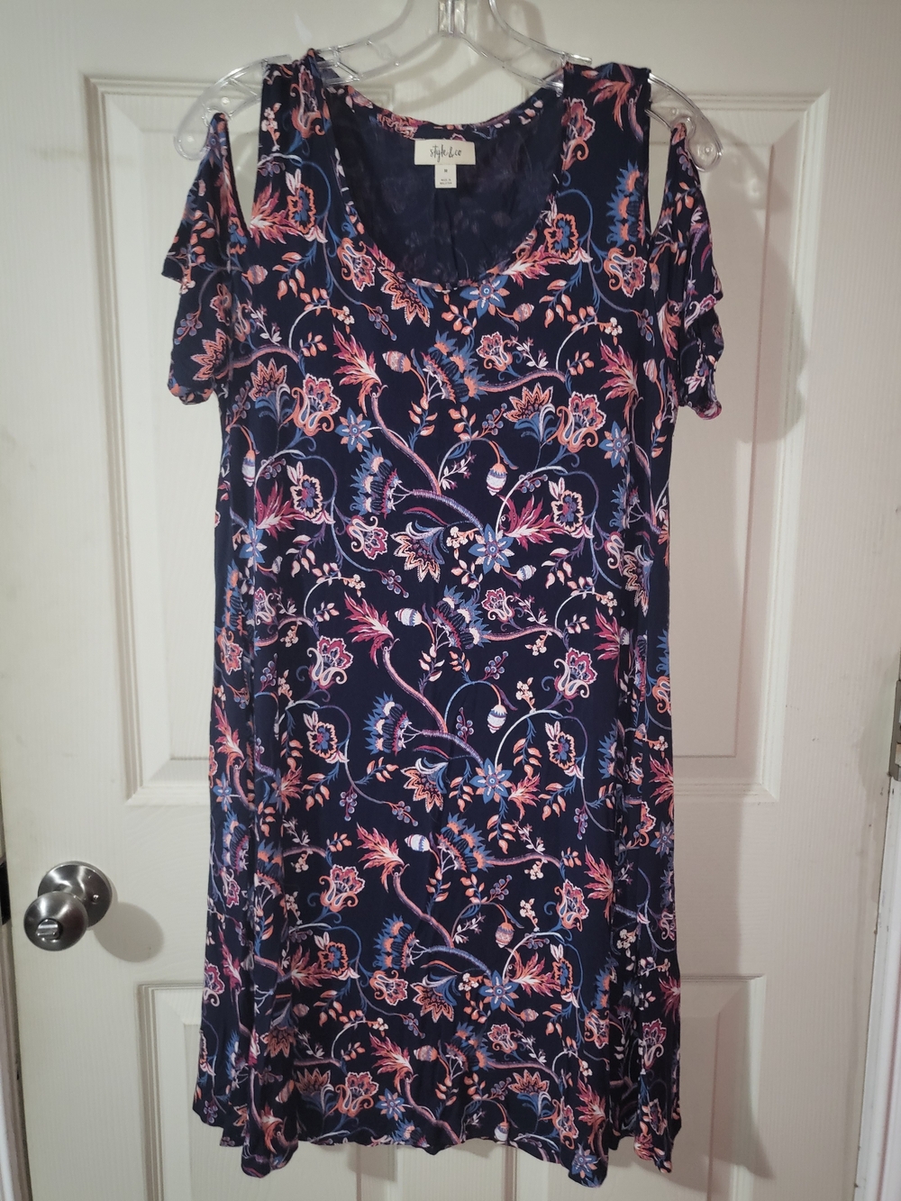 Style & Co. Navy Floral Cold-Shoulder Dress Medium